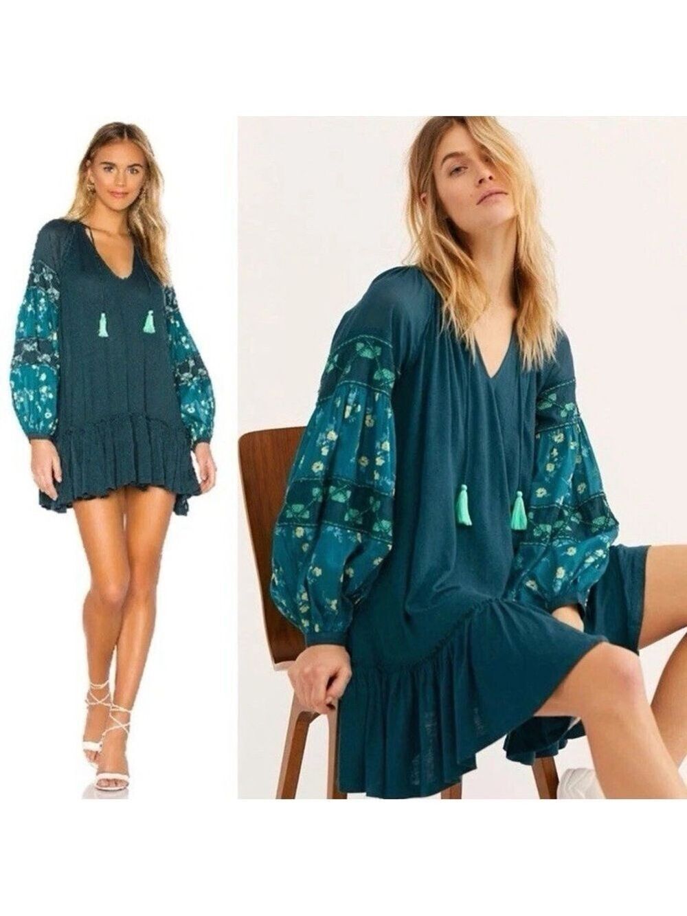 Free People Mix It Up Dress Small Green Festival Hippie Boho Embroidered Beaded